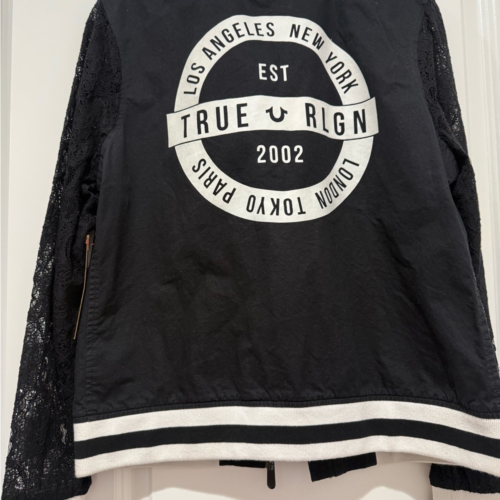 True Religion Discontinued Black Bomber Jacket with Lace Sleeves NWT - Picture 2 of 3